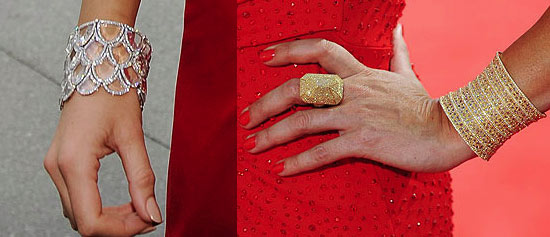 Emmy cuff bracelets: Blake Lively, left, and Debra Messing, right