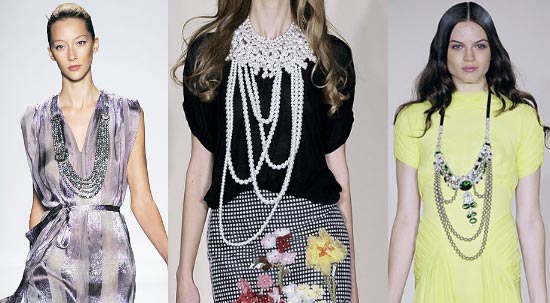 BadgleyMischka&ReemAcra Pearls at Badgley Mischka, left, and Reem Acra, center and right