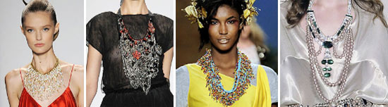 From left, two bib necklaces from Badgley Mischka (two), Diane von Furstenberg, and Reem Acra