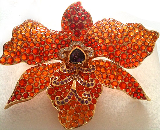 Fire opal and amethyst brooch by Paula Crevoshay