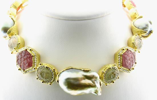 Baroque pearl necklace by Katy Briscoe with carved sapphires and diamonds