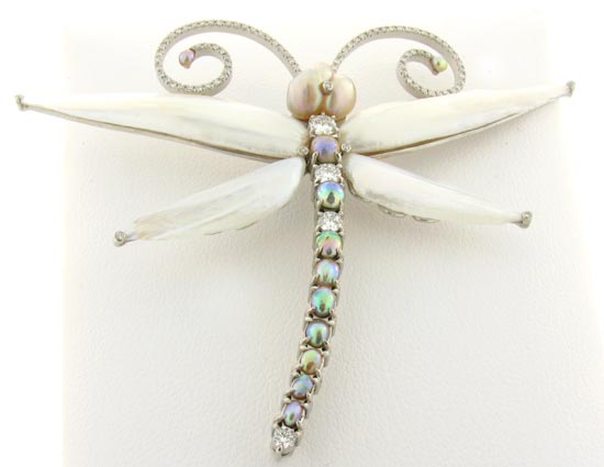 Dragonfly brooch with freshwater, oyster, and abalone pearls by Jennifer Rabe Morin