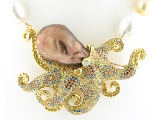 Octopus necklace with fancy color diamonds and South Sea pearls by Victor Velyan