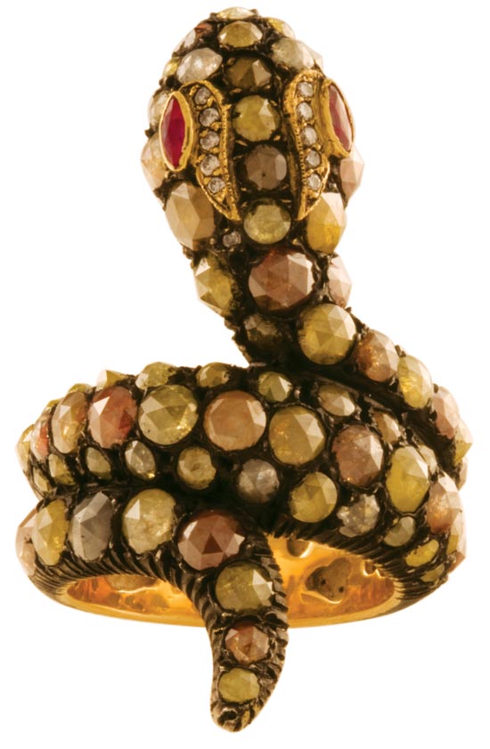 ZDNYfancydiamondsnakering ZDNY fancy colored diamond ring