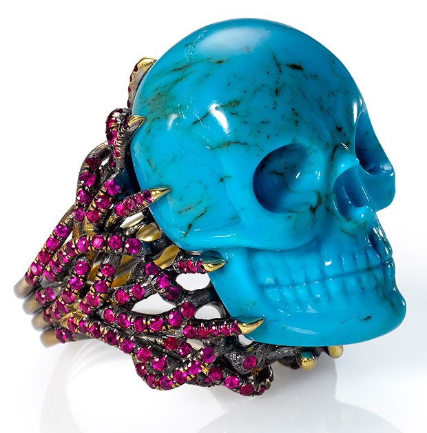 Turquoise and ruby skull ring by Wendy Brandes