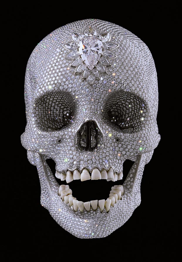 For the Love of God by Damien Hirst is a cast of a human skull set with 8,601 diamonds 