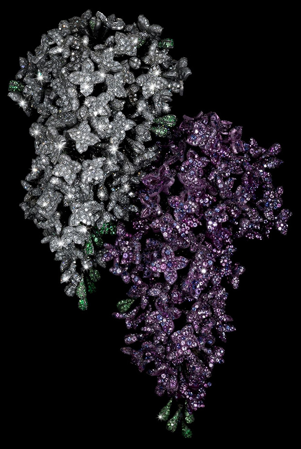Lilac brooches by JAR, diamond, lilac sapphire, garnet, aluminum, silver, and gold, 2001. Photo by Jozsef Tari, courtesy of JAR.