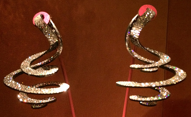 Ribbon Pendant Earrings by JAR, diamond, silver, gold, 2005. Photo by Cheryl Kremkow.