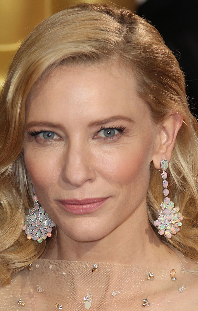 Cate Blanchett wears Chopard opal earrings on the 2014 Oscars red carpet