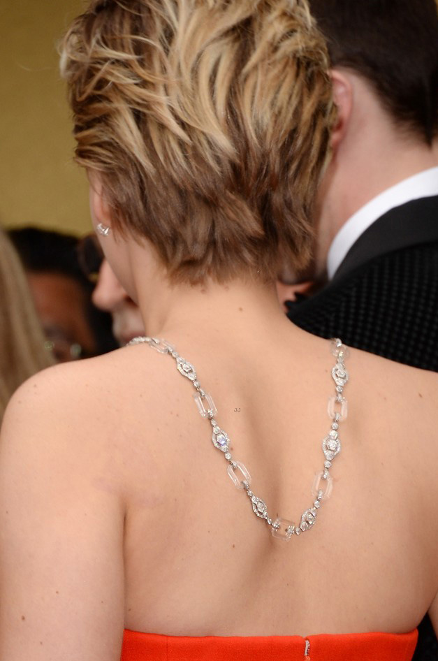 Jennifer Lawrence wears a Neil Lane necklace on the red carpet at the 2014 Oscars