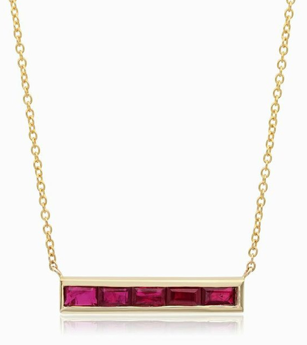 Ruby baguette bar necklace by Shylee Rose Jewelry