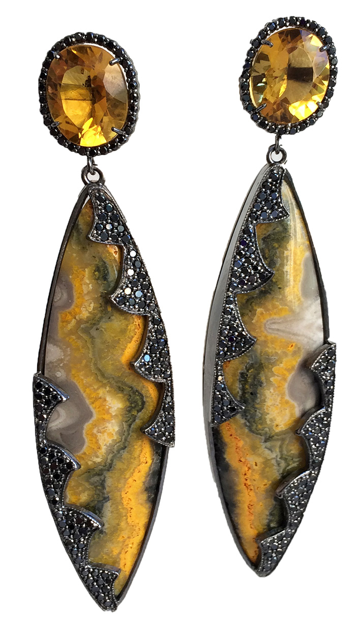 Bumble bee jasper, black diamond and citrine earrings by Colette Jewelry, photo by Cheryl Kremkow.