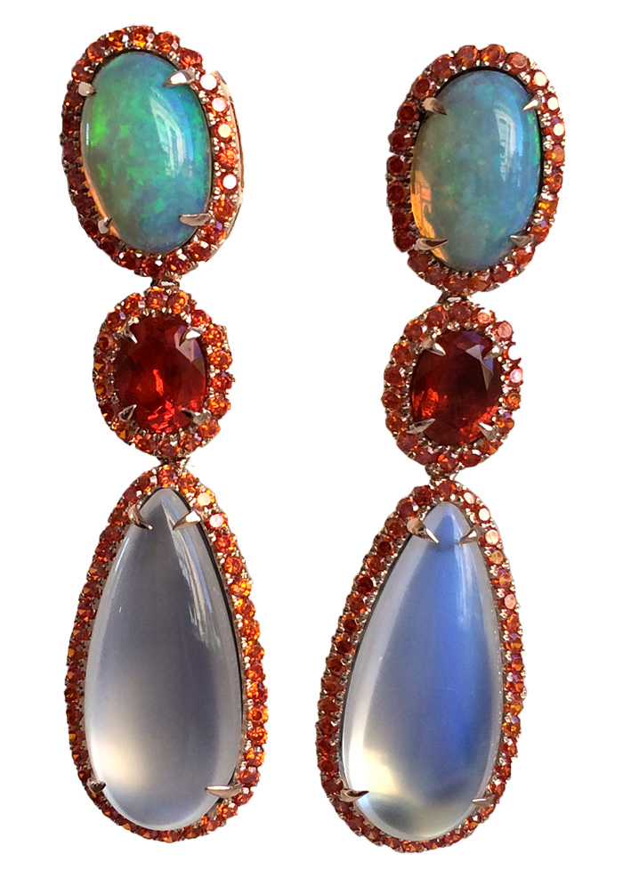 Moonstone, fire opal, and garnet earrings designed by Yehouda Saketkhou of Yael Designs. Photo by Cheryl Kremkow.