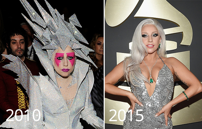 Lady Gaga at the Grammy Awards in 2010 and 2015