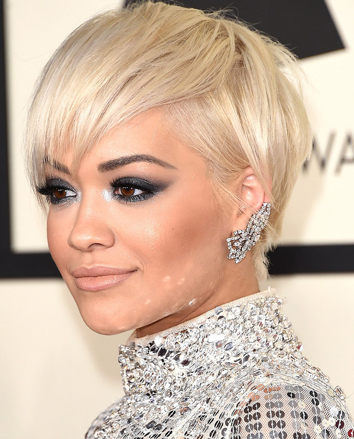 Rita Ora wears diamond ear climbers by Chopard to the 2015 Grammy Awards