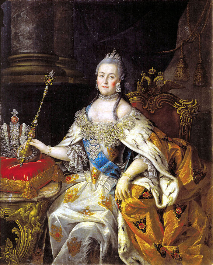 Catherine the Great with the Great Imperial Crown to her right. Painting by Alexei Antropov, ca. 1765.