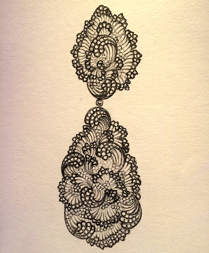Buccellati sketch for earrings inspired by Claude Monet's Tempest 