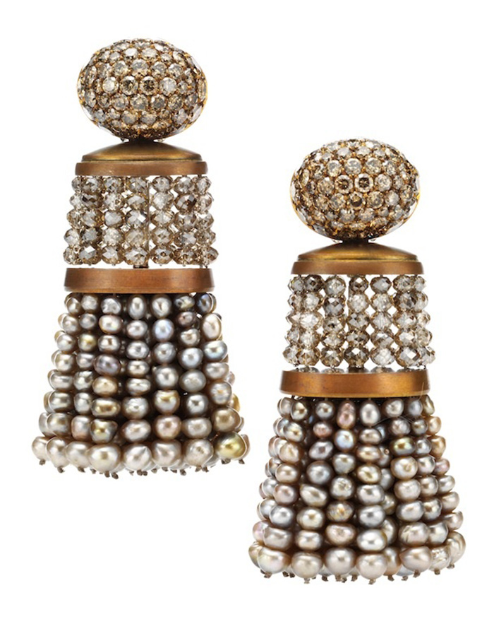 Pearl, diamond, and copper tassel earrings by Hemmerle