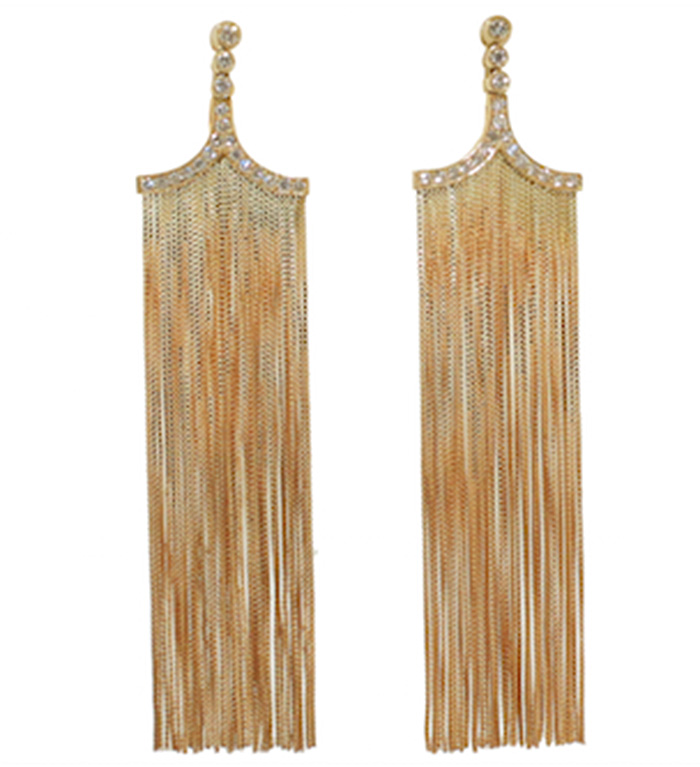 Fringe earrings by Jack Vartanian that Lizzy Caplan wore to the 2015 Met Gala