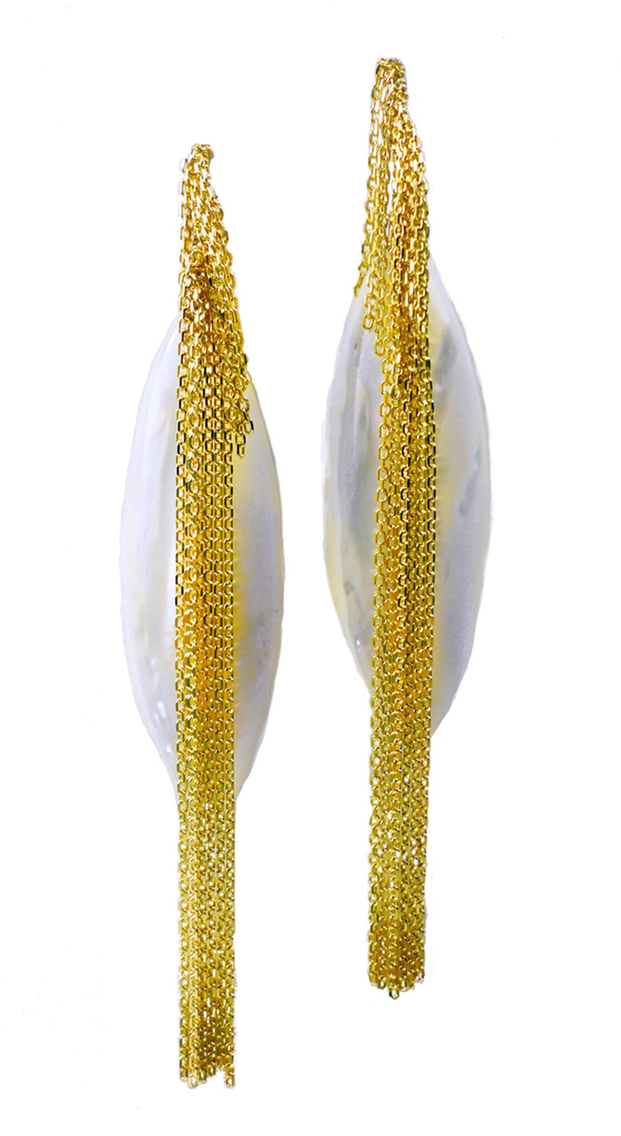 Mother of pearl and 14k gold fringe earrings by Simon Alcantara