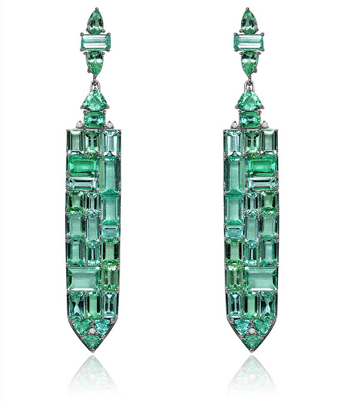 Baguette Paraiba Tourmaline earrings by Sutra.