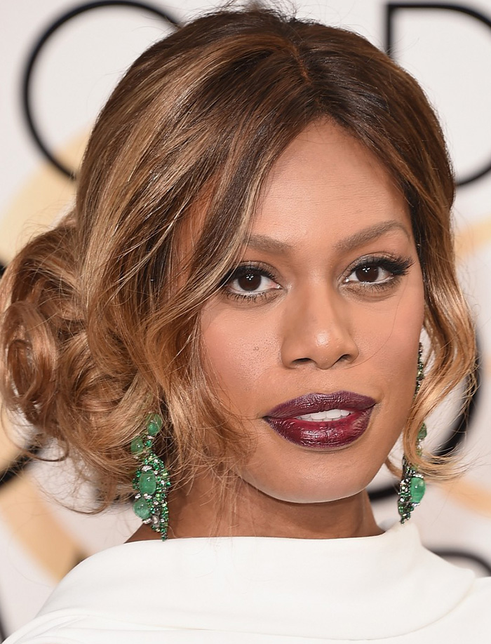 Laverne Cox wears Lorraine Schwartz earrings to the 2016 Golden Globes