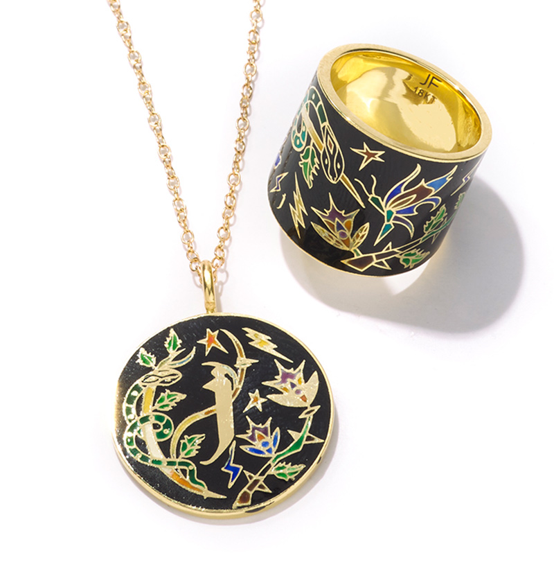 Enamel necklace and ring by Jennifer Fisher