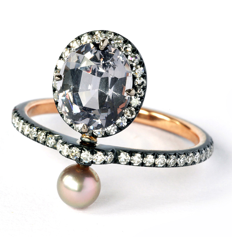 Spinel, pearl and diamond ring by Nadia Morgenthaler