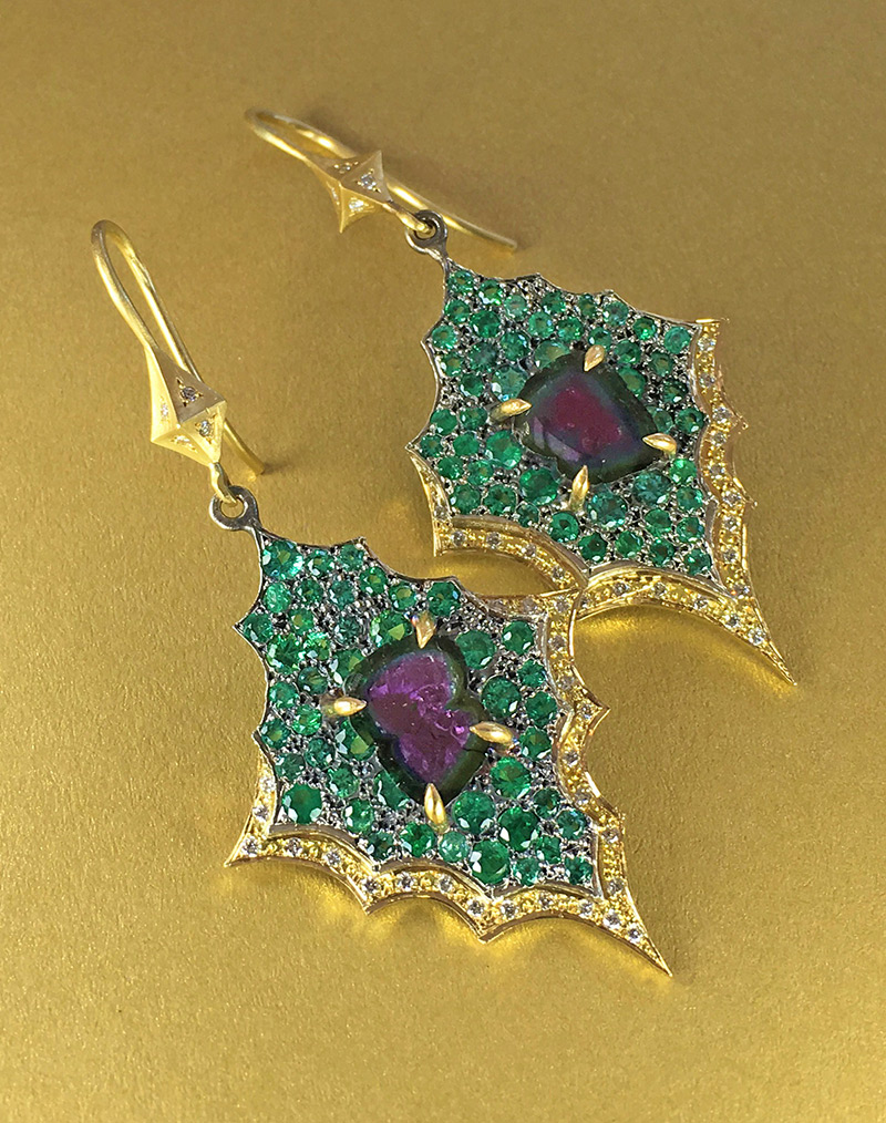 Tourmaline and Emerald Earrings by Annie Fensterstock