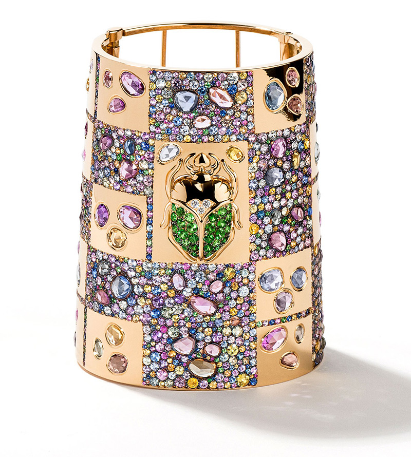 Scarabee Cuff with sapphires and tsavoriets by Aurelie Bidermann