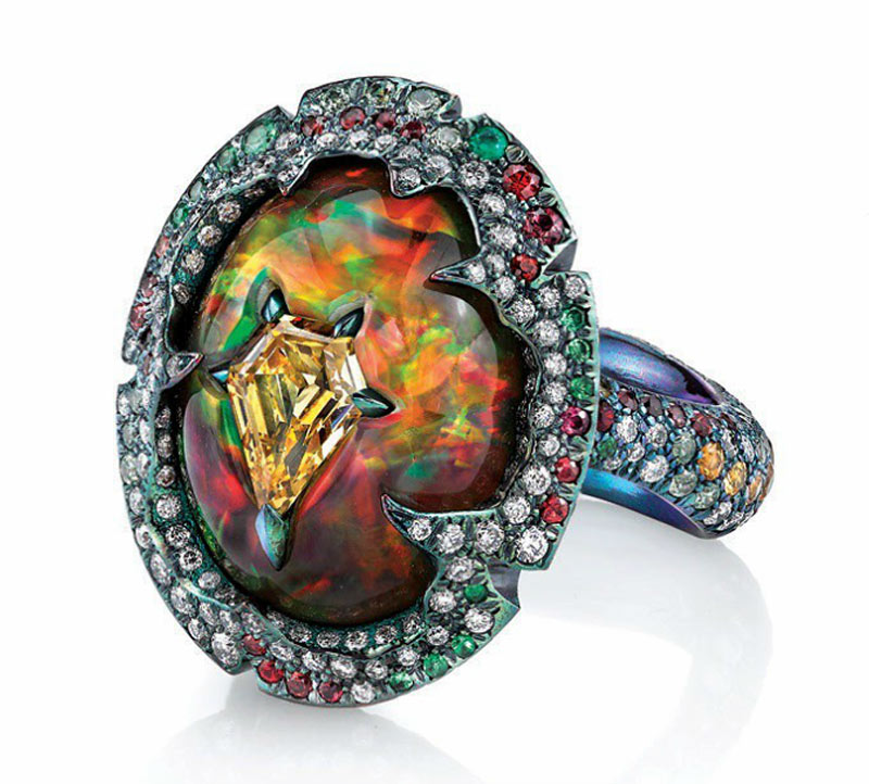 Opal, sapphire and titanium ring by Arunashi