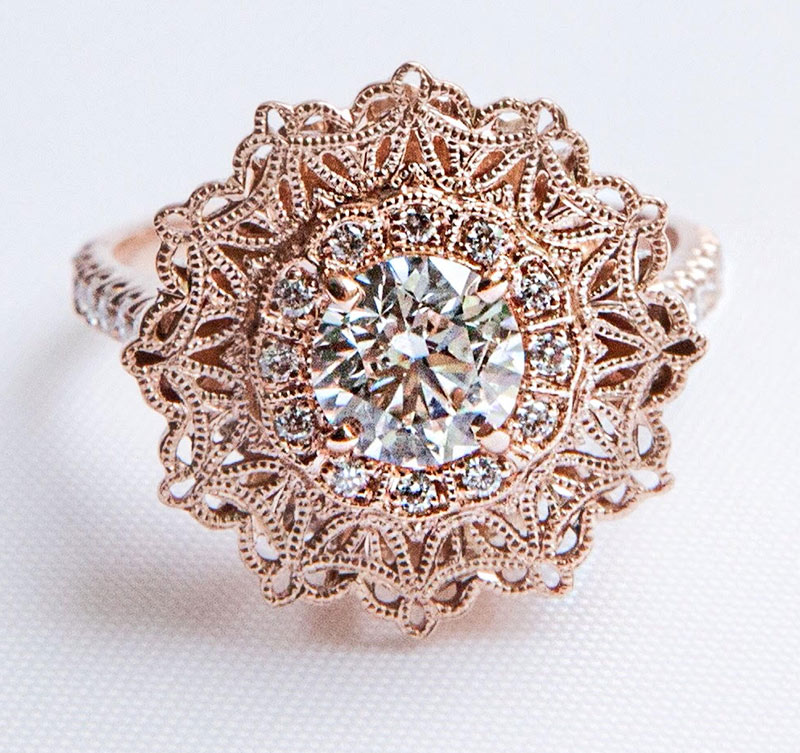 Lace halo engagement ring by Maggi Simpkins