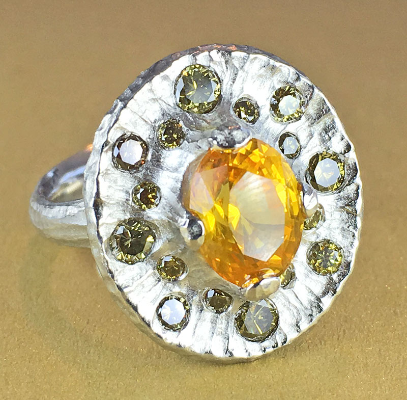 Yellow sapphire, green diamond and platinum ring by Michael Endlich of Pave Fine Jewelry