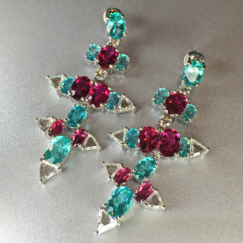 Eden Collection earrings with apatite, rhodolite and diamonds by Nikos Koulis