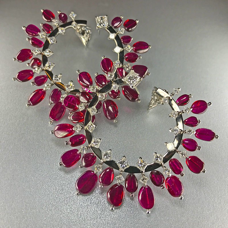 Tiares Earrings in ruby and diamond by Reza