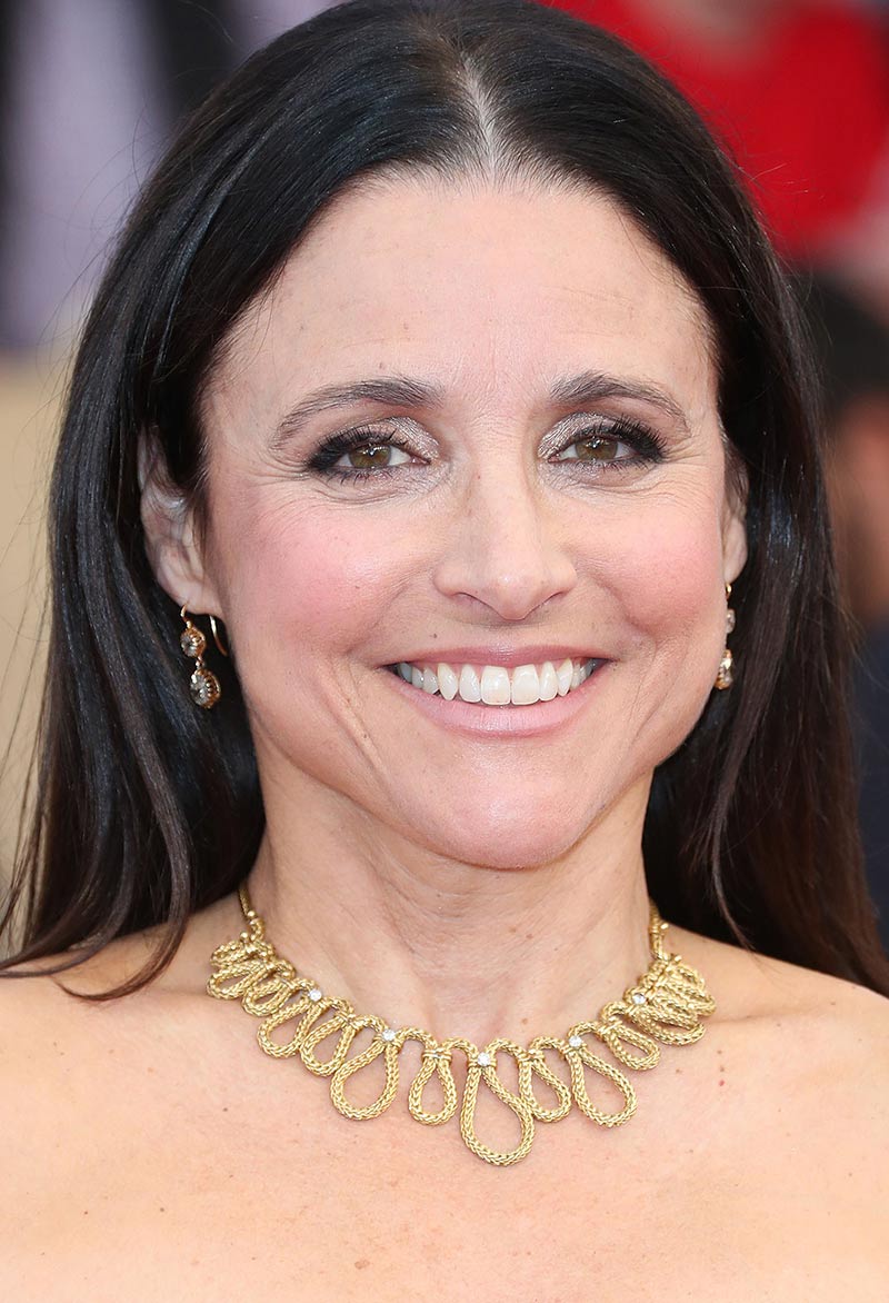 Julia Louis Dreyfus wears a yellow gold necklace by Fred Leighton.
