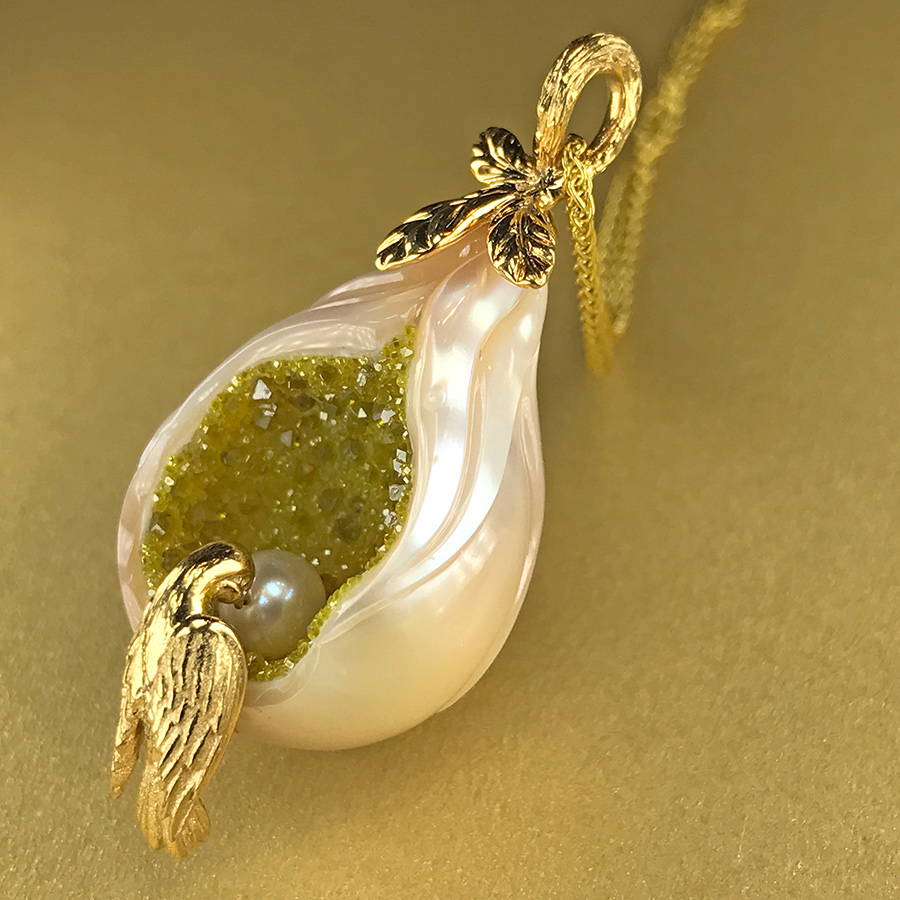 Bird's nest pendant with diamond crystals by Galatea Jewelry by Artist