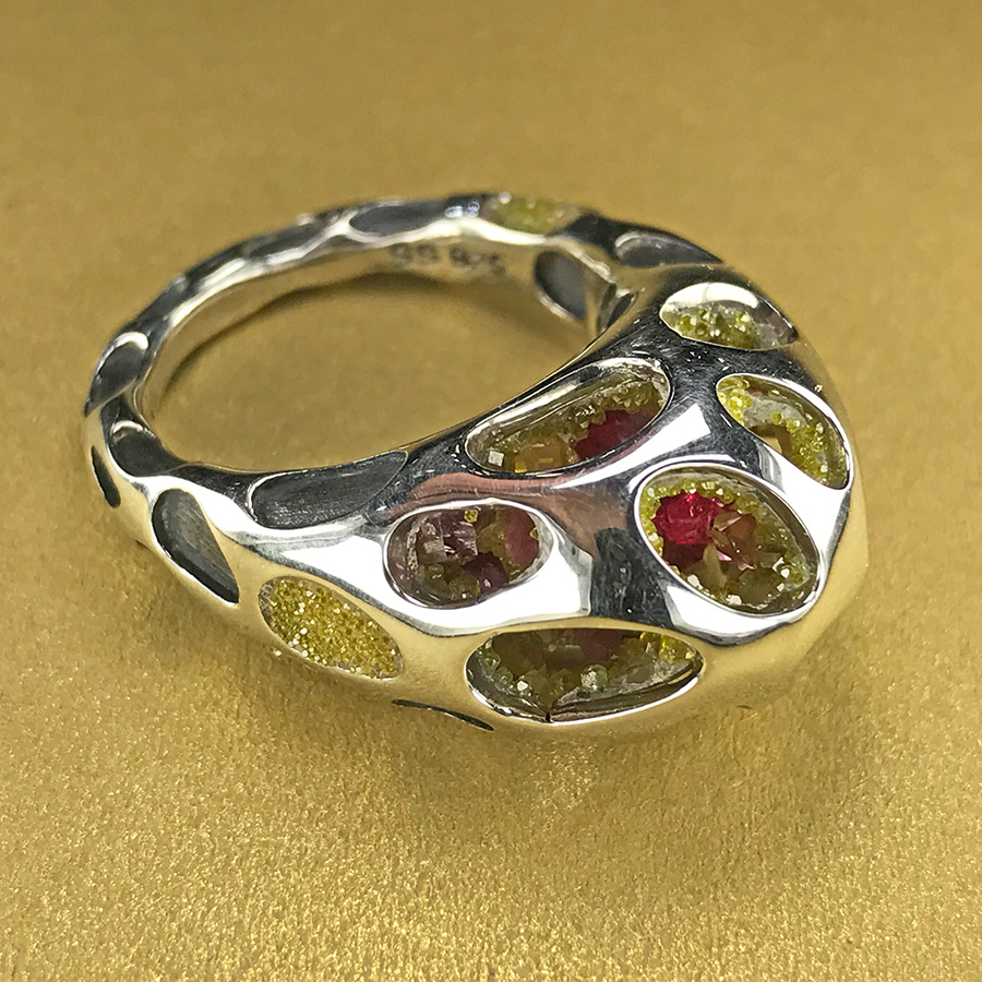 Geode Ring lined with synthetic diamond and ruby crystals by Galatea Jewelry by Artist.