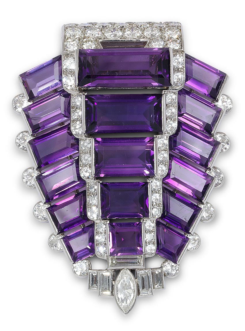 Art Deco amethyst and diamond brooch in platinum by Cartier
