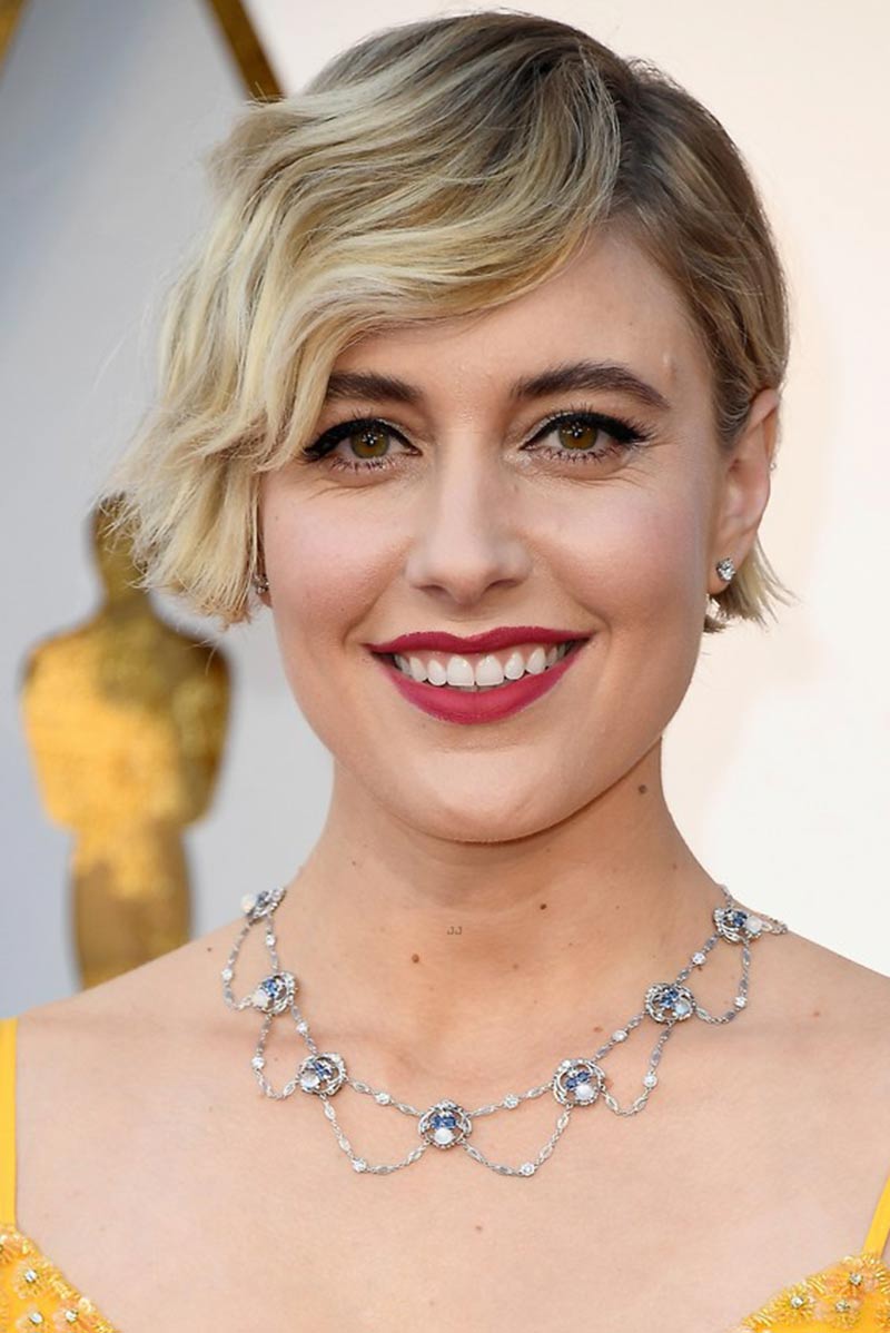 Greta Gerwig in an Art Nouveau moonstone necklace by Tiffany & Co at the 2018 Oscars