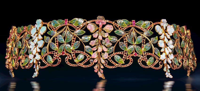 Glycines Choker by Philippe Wolfers, 1901, with watermelon tourmaline, opal and plique-a-jour enamel