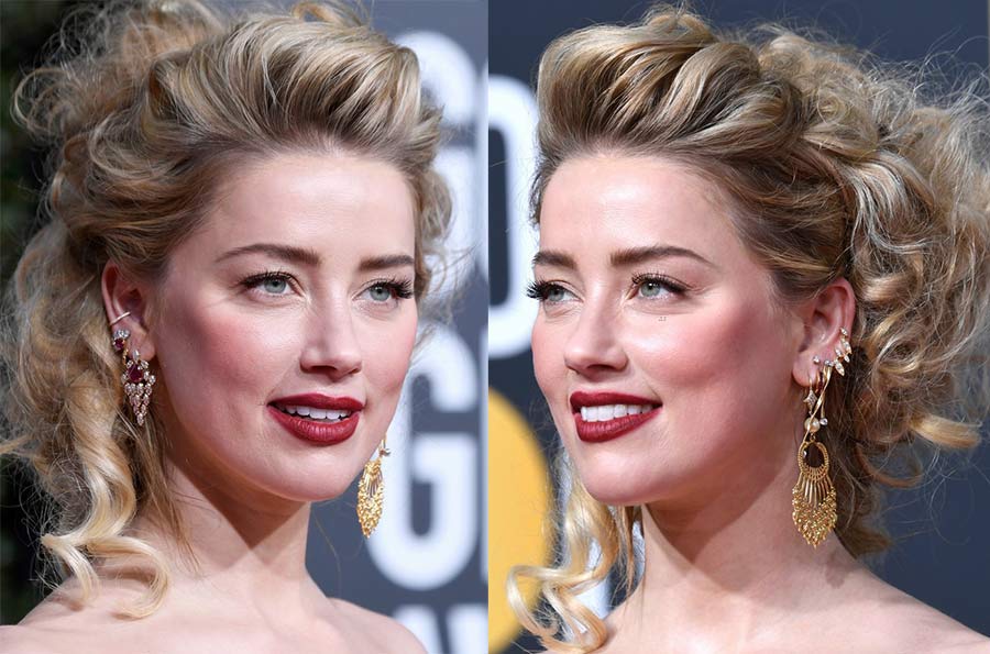 Amber Heard wears earrings by multiple jewelry designers to the 2019 Golden Globes
