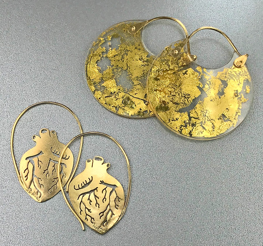 Luana Coonen Jewelry heart hoops and gold leaf in resin hoops, photo by @kremkow